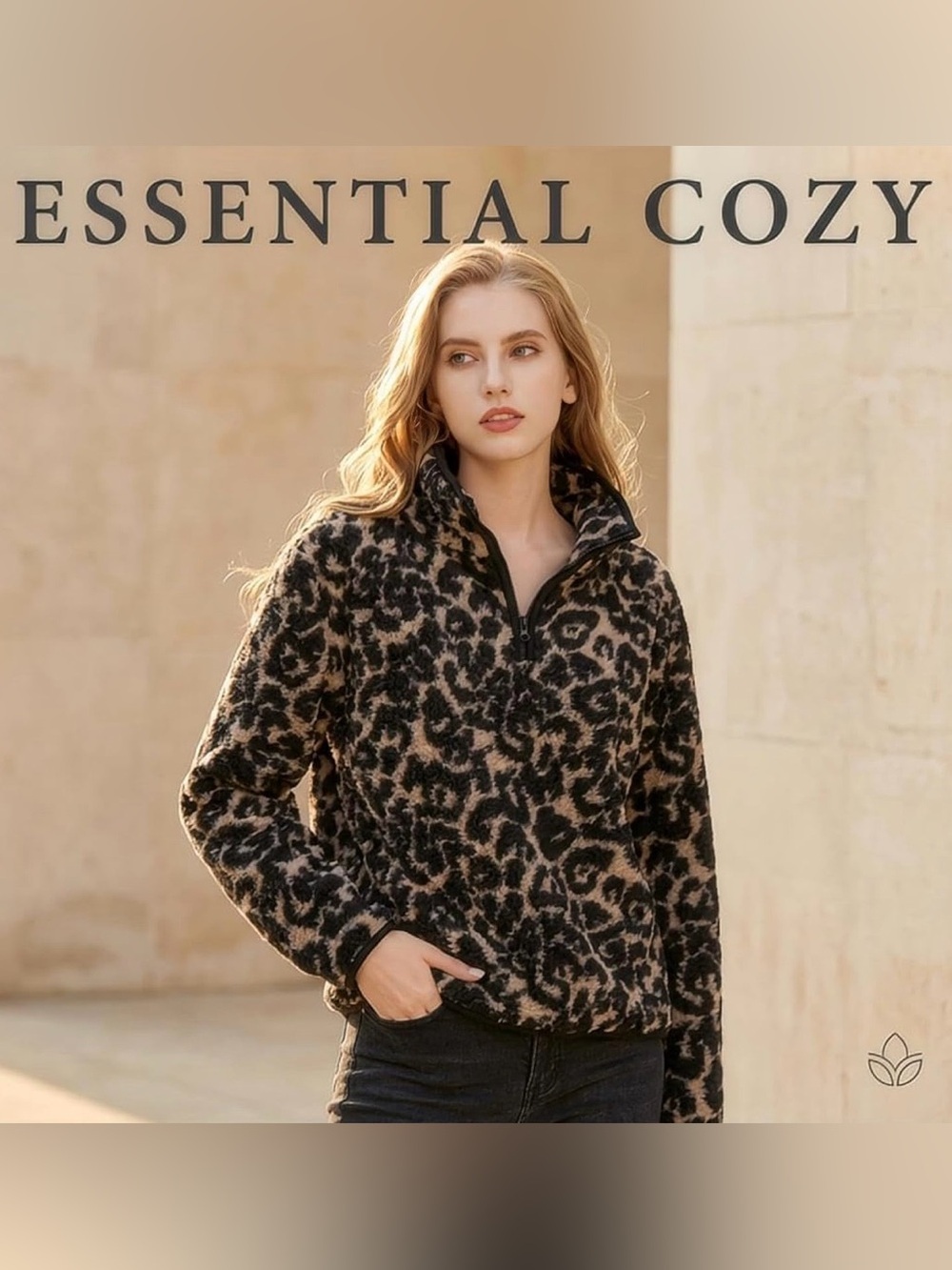 Women's Tan & Black Leopard Teddy Jacket - Cozy Half Zip Pullover - Picture 6 of 7